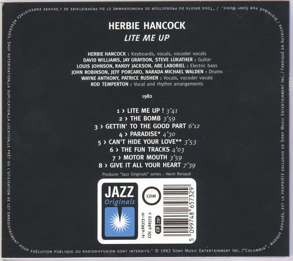 HERBIE HANCOCK, Lite Me Up (Columbia; COL 486573 2, France 1997 Reissue, Digipak) CD VG+/VG+ - Image 2