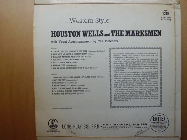 HOUSTON WELLS AND THE MARKSMEN, ... Western Style (Parlophone; PMC 1215, UK 1963, Laminated Flipback Sleeve) LP VG/VG+ - Image 2