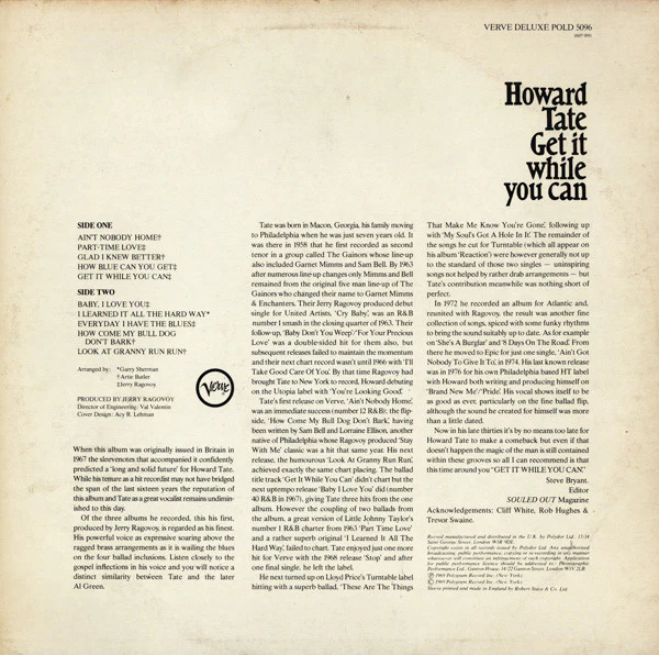 HOWARD TATE, Get It While You Can (Verve; POLD 5096, UK 1983 Reissue) LP VG/VG+ - Image 2