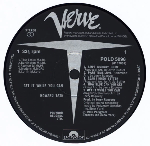 HOWARD TATE, Get It While You Can (Verve; POLD 5096, UK 1983 Reissue) LP VG/VG+ - Image 3