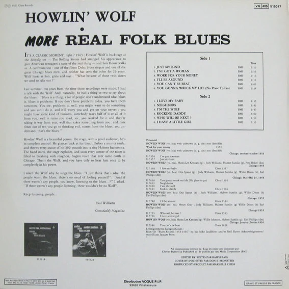 HOWLING WOLF, More Real Folk Blues (Vogue; 515017, France 1987 Reissue) LP VG+/VG+ - Image 2