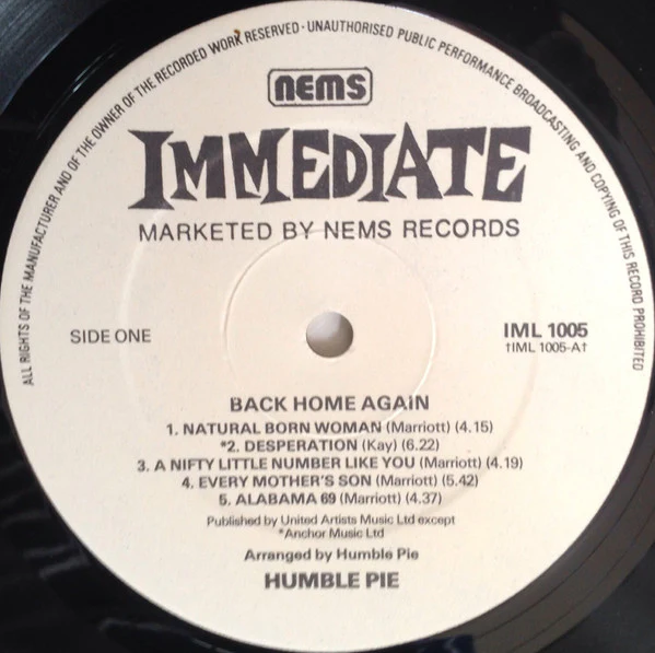 HUMBLE PIE, Back Home Again (Immediate White; IML 1005, UK 1976, Laminated Sleeve) LP VG+/VG+ - Image 3