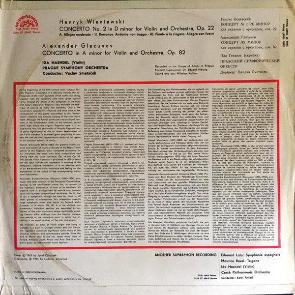 IDA HAENDEL, Wieniawski: Violin Concerto No. 2 In D Minor, Glazunov: Violin Concerto In A Minor (Supraphon; SUA ST 50687, Czechoslovakia 1966, Laminated Flipback Sleeve, Stereo) LP VG/VG+ - Image 2