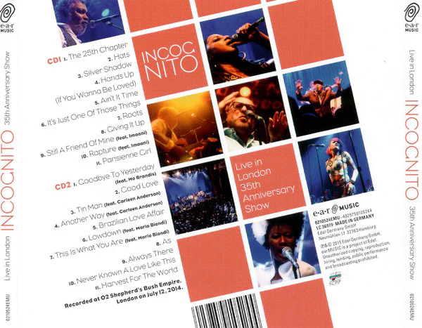 INCOGNITO, Live In London 35th Anniversary Show (Ear Music ; 0210524EMU, Germany 2015) CD VG+/VG+ - Image 2