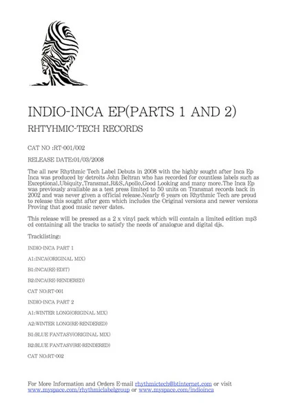 INDIO, Inca EP (Rhythmic Tech; RT-001 / RT-002, US 2008, White Label., Stamped Sleeves, Inner, Limited Edition, Numbered.), SALE - Up to 50% Off the Original Price  2x12" VG/VG+ - Image 3
