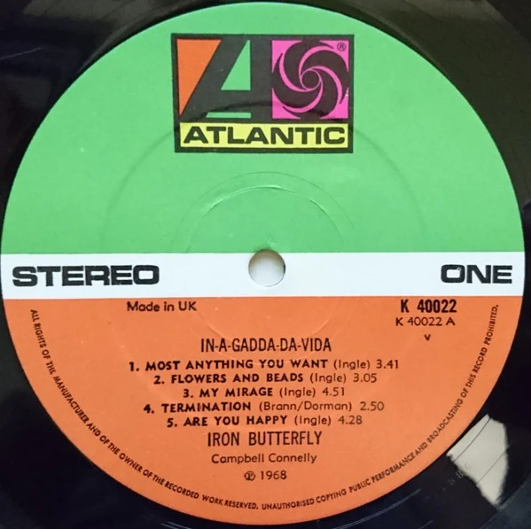 IRON BUTTERFLY, In-A-Gadda-Da-Vida (Atlantic Orange & Green; K40022, UK 1970s Reissue, Laminated Front Sleeve) LP VG+/VG - Image 3
