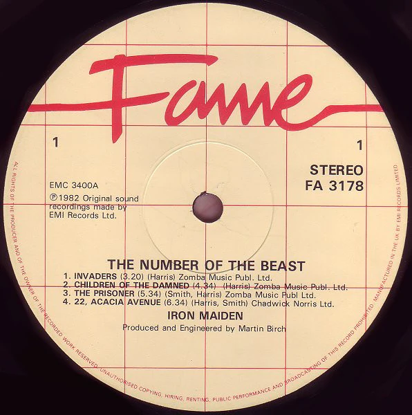 IRON MAIDEN, The Number Of The Beast (Fame Cream, With Red Grid; FA 3178, UK 1987 Reissue) LP G+/G+ - Image 3
