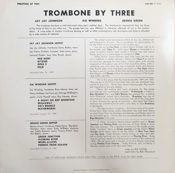 J J JOHNSON / KAI WINDING / BENNY GREEN, Trombone By Three (Original Jazz Classics; OJC-091, US 1984 Reissue) LP VG/VG+ - Image 2