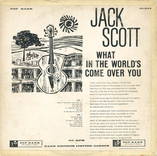 JACK SCOTT, What In The World's Come Over You (Top Rank International; 25/024, UK 1960), SALE - Up to 50% Off the Original Price LP VG/VG - Image 2