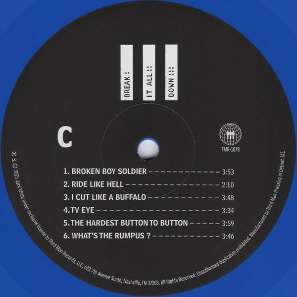 JACK WHITE, Break It All Down!!! (Third Man Records; TMR 1078, US 2025, Book-Style Gatefold, Poster & Photo, Compilation, Limited Edition, Blue Vinyl, White Vinyl, Single Black Vinyl, Embroi 3xLP NEW/NEW - Image 2