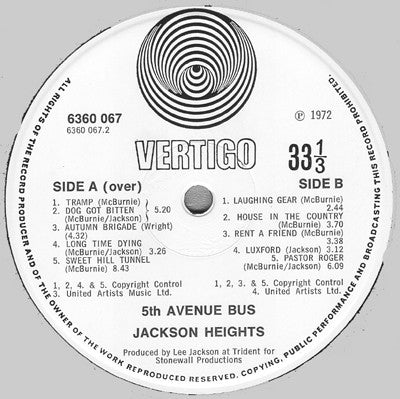 JACKSON HEIGHTS, The Fifth Avenue Bus (Vertigo; 6360 067, UK 1972, Die-Cut Door., Vertigo Swirl Inner, Stereo) LP VG/VG - Image 3