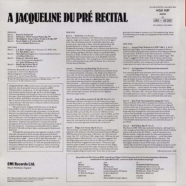 JACQUELINE DU PRE, A Jacquline Du Pre Recital (HMV Red, Large Semi-Circular Nipper Box; HQS 1437, UK 1982) LP VG/VG - Image 2