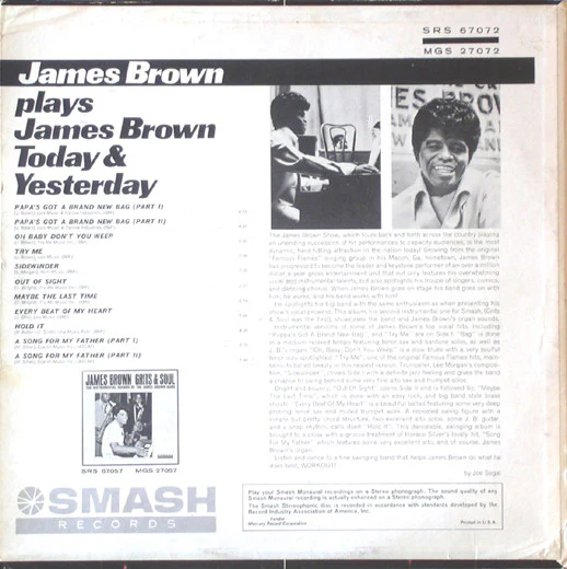 JAMES BROWN, James Brown Plays James Brown (Today & Yesterday Featuring James Brown At The Organ) (Smash Records; SRS 67072, US 1965) LP G+/G+ - Image 2