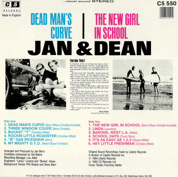 JAN & DEAN, Dead Man's Curve / The New Girl In School (C5 Records; C5 550, UK 1990 Reissue), SALE - Up to 50% Off the Original Price LP VG/VG+ - Image 2