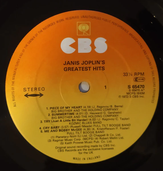 JANIS JOPLIN, Janis Joplin's Greatest Hits (CBS Orange/Yellow; S 65470, UK 1970s Reissue) LP VG+/VG+ - Image 3