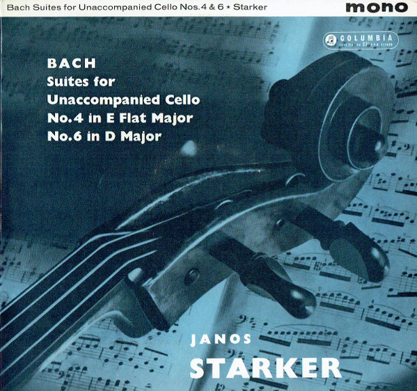JANOS STARKER, Bach: Suites For Unaccompanied Cello No. 4 In E Flat Major / No. 6 In D Major (Columbia Purple and Gold; 33CX 1745, UK 1961, Laminated Flipback Sleeve, Mono) LP VG+/VG+