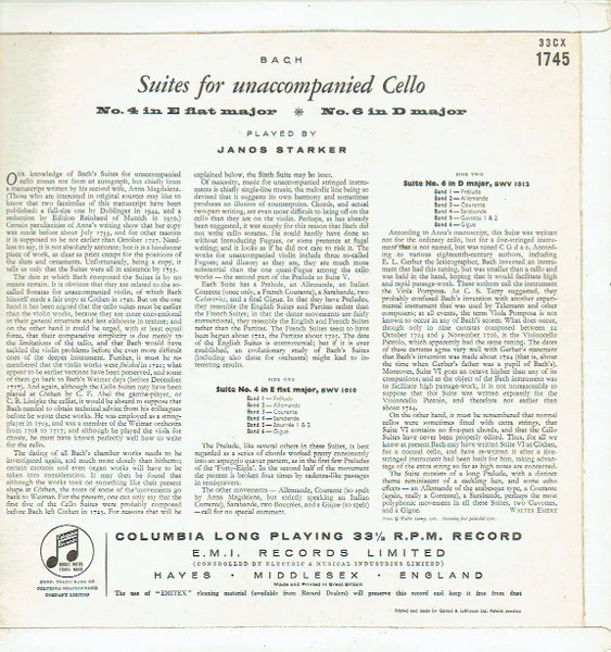 JANOS STARKER, Bach: Suites For Unaccompanied Cello No. 4 In E Flat Major / No. 6 In D Major (Columbia Purple and Gold; 33CX 1745, UK 1961, Laminated Flipback Sleeve, Mono) LP VG+/VG+ - Image 2