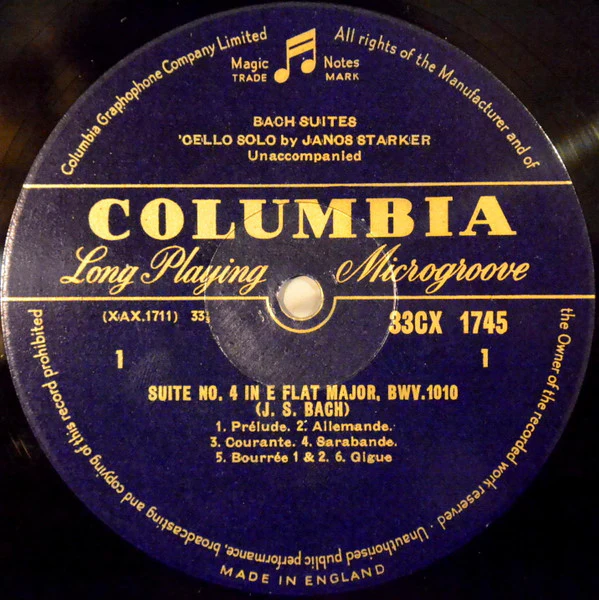 JANOS STARKER, Bach: Suites For Unaccompanied Cello No. 4 In E Flat Major / No. 6 In D Major (Columbia Purple and Gold; 33CX 1745, UK 1961, Laminated Flipback Sleeve, Mono) LP VG+/VG+ - Image 3