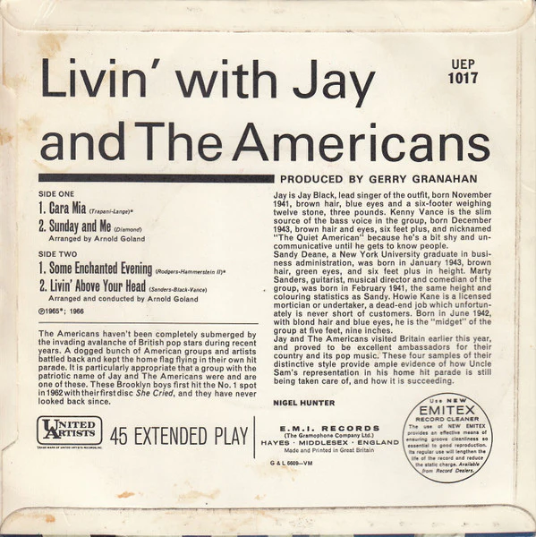 JAY & THE AMERICANS, Livin' With Jay And The Americans (United Artists Records ; UEP.1017, UK 1966) 7" EP VG+/VG - Image 2