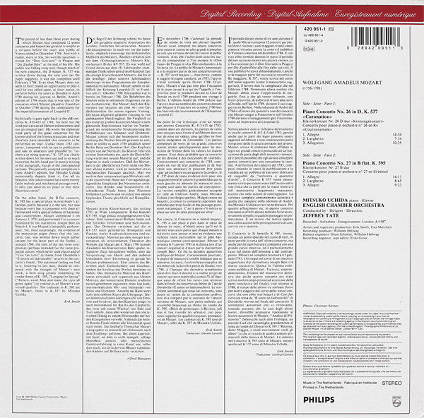 JEFFREY TATE, MITSUKO UCHIDA, ENGLISH CHAMBER ORCHESTRA, Mozart: Piano Concertos No.26 KV537 "Coronation" / No.27 KV595 (Philips; 420 951-1, Europe 1988), SALE - Up to 50% Off the Original P LP VG/VG+ - Image 2