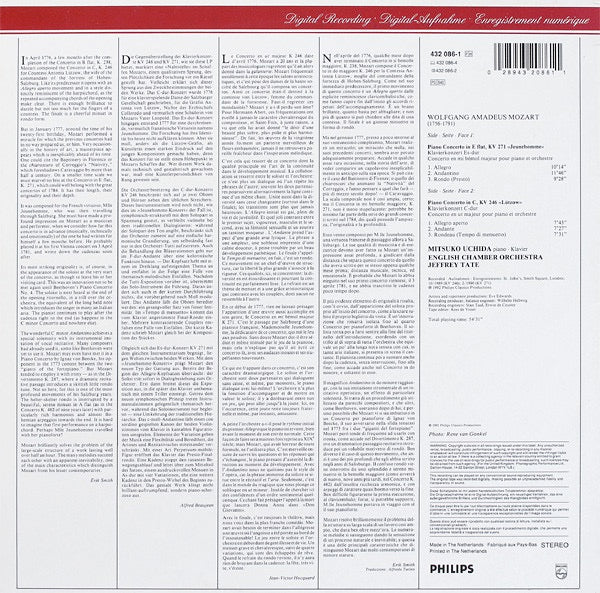 JEFFREY TATE, MITSUKO UCHIDA, ENGLISH CHAMBER ORCHESTRA, Mozart: Piano Concertos No.8 KV 246 / No.9 KV 271 (Philips; 432 086-1, Europe 1992) LP VG+/VG+ - Image 2