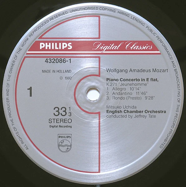 JEFFREY TATE, MITSUKO UCHIDA, ENGLISH CHAMBER ORCHESTRA, Mozart: Piano Concertos No.8 KV 246 / No.9 KV 271 (Philips; 432 086-1, Europe 1992) LP VG+/VG+ - Image 3