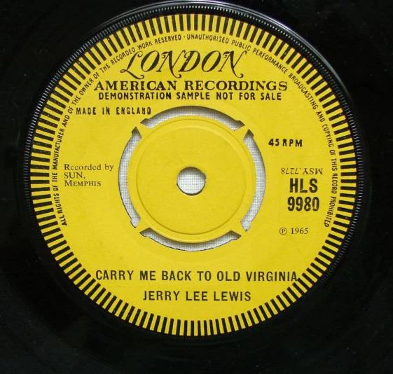 JERRY LEE LEWIS, I Know What It Means/	Carry Me Back To Old Virginia (London Records; HLS-9980, UK 1965, Promo, Company Sleeve) 7" /G+ - Image 2