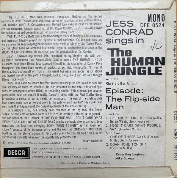 JESS CONRAD, The Human Jungle (Decca; DFE 8524, UK 1963, Laminated Front Sleeve, Mono) 7" EP G+/VG - Image 2