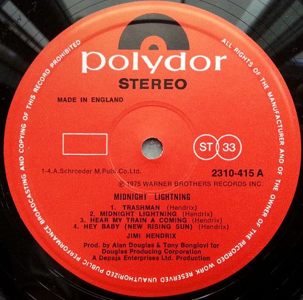 JIMI HENDRIX, Midnight Lightning (Polydor; 2310 415, UK 1975, Laminated Sleeve, First Press. Track A4 is titled Gypsy Boy (New Rising Sun) on Sleeve, But Hey Baby (New Rising Sun) on label), LP VG/VG+ - Image 3