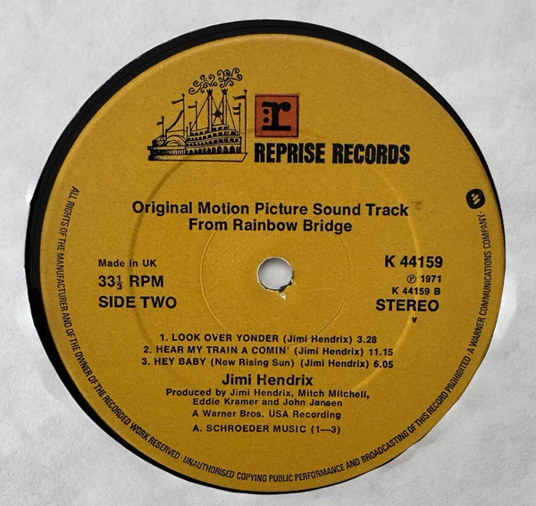 JIMI HENDRIX, Rainbow Bridge - Original Motion Picture Sound Track (Reprise Records; K 44159, UK 1970s Reissue, 'Made in UK' Above Speed Indicator, Warner Logo at end of Rim Text on Label), LP VG/VG - Image 3