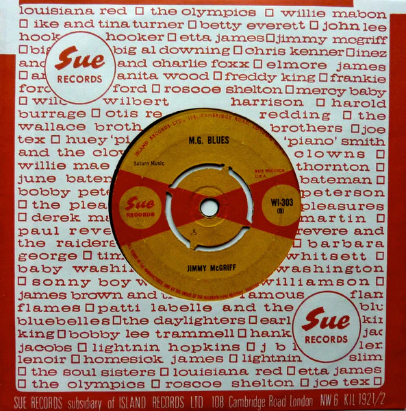 JIMMY MCGRIFF, All About My Girl / M.G. Blues (Sue Records; WI-303, UK 1964, Company Sleeve, Push-out centre) 7" EX/EX