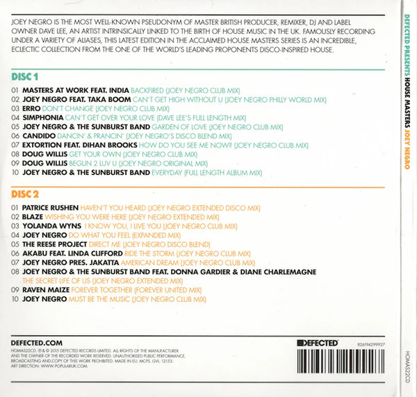 JOEY NEGRO, House Masters (Defected; HOMAS22CD, UK 2015, Gatefold Card Sleeve) 2xCD EX/EX - Image 2