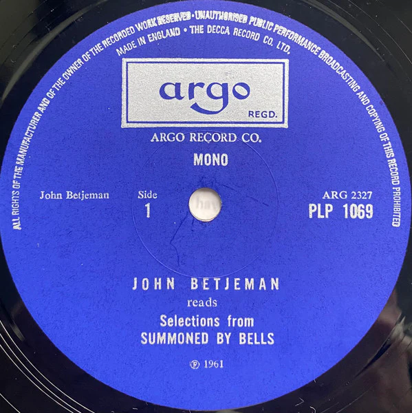 JOHN BETJEMAN, Summoned By Bells (Argo Blue Labels; PLP 1069, UK Reissue, Laminated Front Sleeve, Mono) LP VG/VG - Image 3