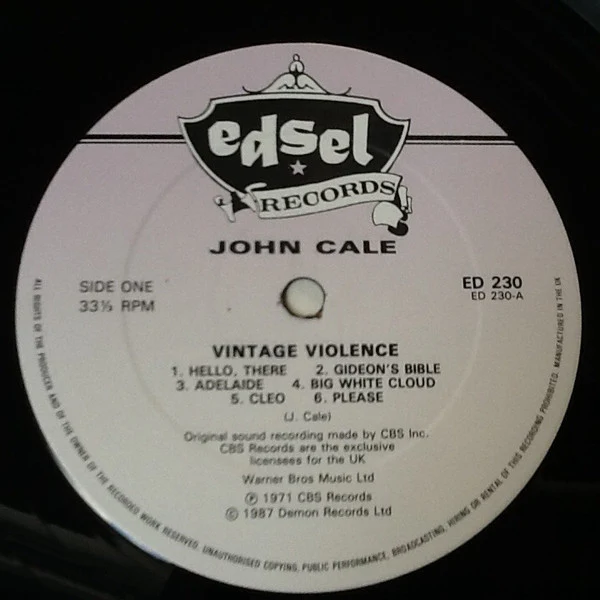 JOHN CALE, Vintage Violence (Edsel Records; ED 230, UK 1987 Reissue, Company Catalogue Insert, Barcode) LP VG+/EX - Image 3