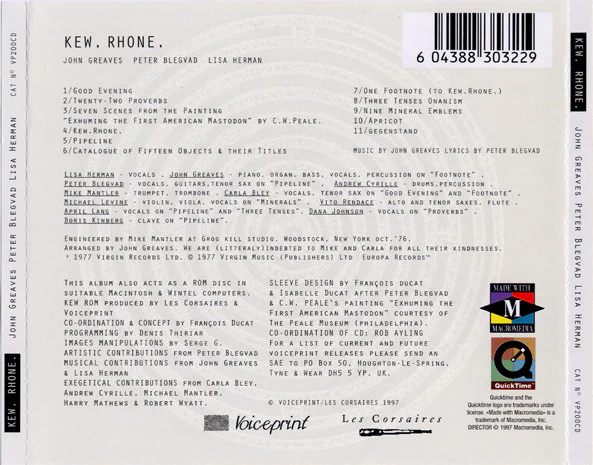 JOHN  GREAVES, PETER BLEGVAD, LISA HERMAN, Kew. Rhone. (Voiceprint; VP200CD, UK 1997, Jewel Case, Booklet) CD VG+/VG+ - Image 2