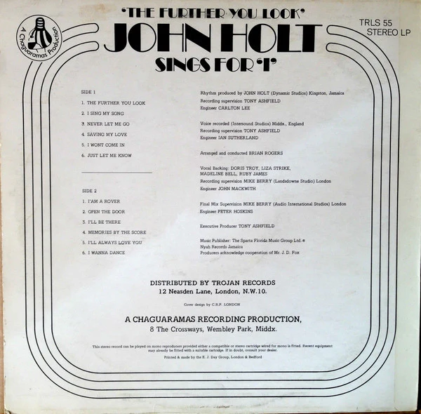 JOHN HOLT, The Further You Look - Sings For 'I' (Trojan Records; TRLS 55, UK , Laminated Front Sleeve) LP VG/VG+ - Image 2