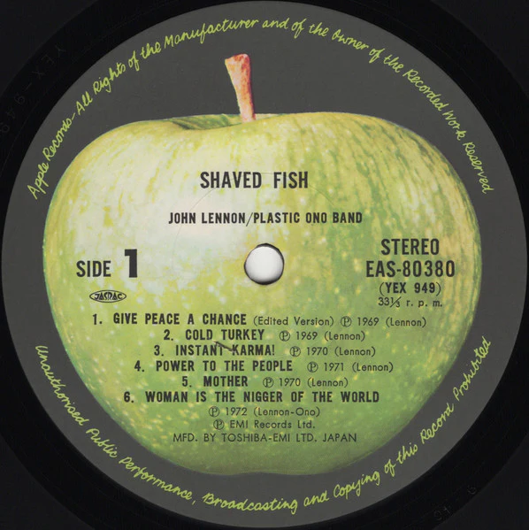 JOHN LENNON / PLASTIC ONO BAND, Shaved Fish (Apple Records; EAS-80380, Japan 1975, Pasteback Sleeve, Inner & Insert, With Gold/green Obi) LP VG+/VG+ - Image 3