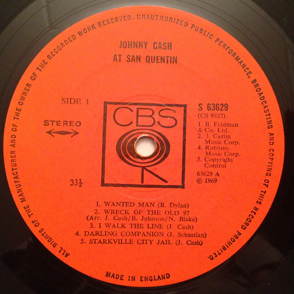 JOHNNY CASH, Johnny Cash At San Quentin (CBS Orange (33 1/3 On Label); 63629, UK 1969, Laminated Front Sleeve, Stereo A1 or A2/B1 or B2) LP VG/VG - Image 3
