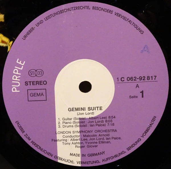 JON LORD, LONDON SYMPHONY ORCHESTRA, Gemini Suite (Purple Records; 1 C 062-92 817, Germany 1971, Laminated Gatefold Sleeve With Two Lines Of Text In Upper Right Corner Inside) LP VG/G+ - Image 3