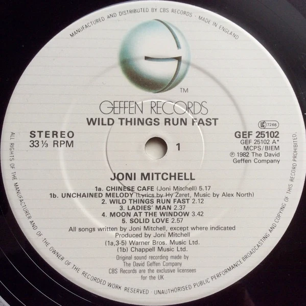 JONI MITCHELL, Wild Things Run Fast (Geffen; GEF 25102, UK 1982, Gatefold) LP VG+/VG - Image 3