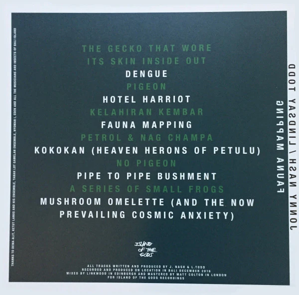 JONNY NASH / LINDSAY TODD, Fauna Mapping (Island Of The Gods ; IOTG003, Indonesia 2018) LP VG+/VG+ - Image 2