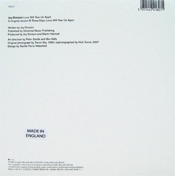 JOY DIVISION, Love Will Tear Us Apart / These Days / Love Will Tear Us Apart (London; FAC23, UK 2007 Reissue, Picture Sleeve) 7 VG+/EX - Image 2