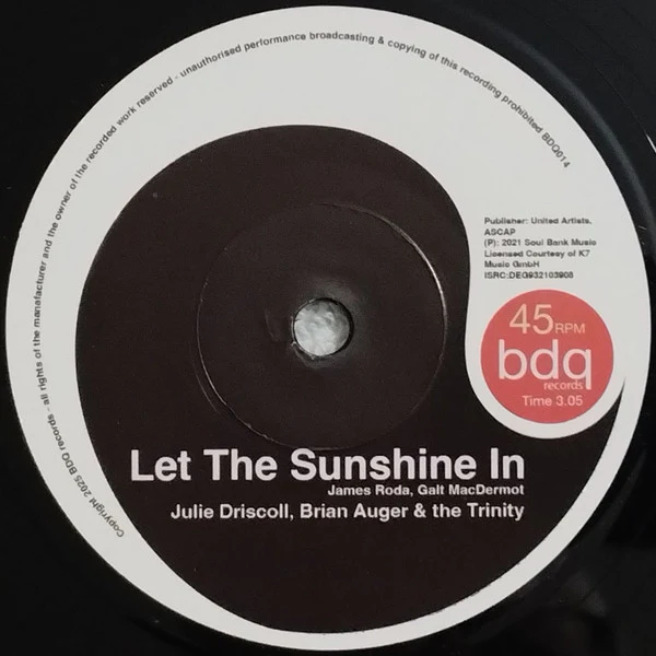 JULIE DRISCOLL, BRIAN AUGER & THE TRINITY, Let The Sunshine In (BDQ Records; BDQ014, UK 2024, Single Sheet Sleeve) 7" VG+/VG+ - Image 2