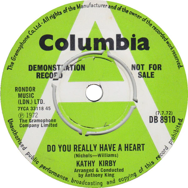 KATHY KIRBY, Do You Really Have A Heart/Dream On, Dreamer (Columbia; DB 8910, UK 1972, Promo, Company Sleeve) 7" VG/VG