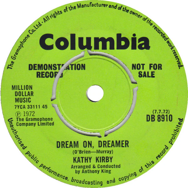 KATHY KIRBY, Do You Really Have A Heart/Dream On, Dreamer (Columbia; DB 8910, UK 1972, Promo, Company Sleeve) 7" VG/VG - Image 2