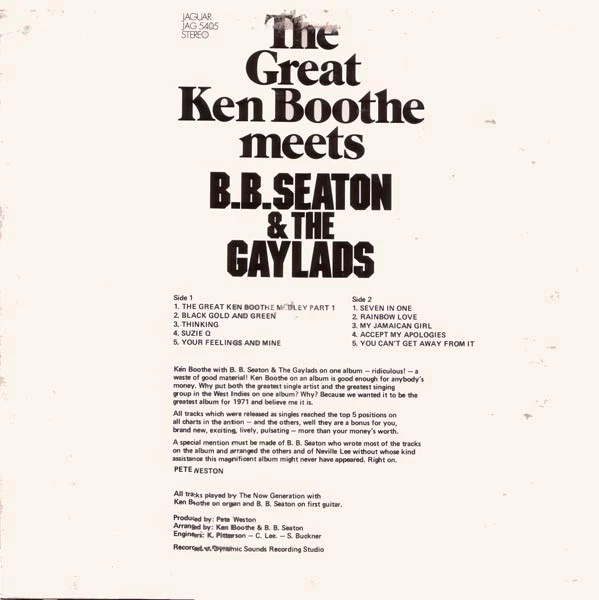 KEN BOOTHE MEETS B.B. SEATON & THE GAYLADS, The Great Ken Boothe Meets B.B. Seaton & The Gaylads (Jaguar; JAG 5405, Jamaica 1980s Reissue) LP VG+/VG - Image 2
