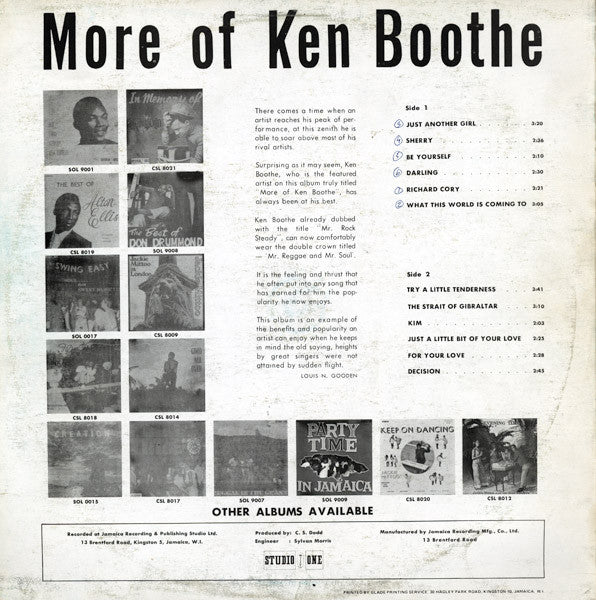 KEN BOOTHE, More Of Ken Boothe (Studio One; SOL: 9010, US 1980s Reissue) LP VG+/VG+ - Image 2