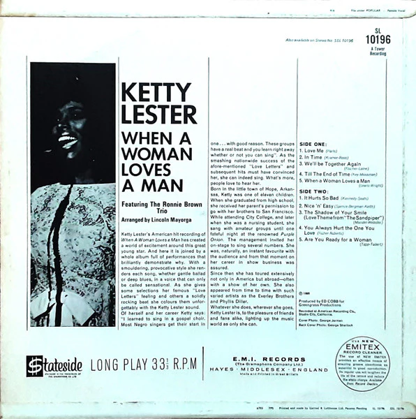 KETTY LESTER, When A Woman Loves A Man (Stateside; SL 10196, UK 1966, Mono) LP VG/VG - Image 2