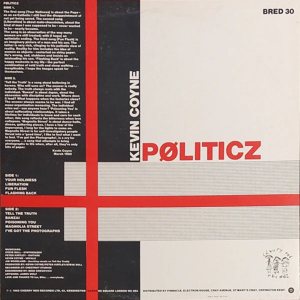KEVIN COYNE, Politicz (Cherry Red; BRED30, UK 1982, Inner) LP VG+/VG+ - Image 2
