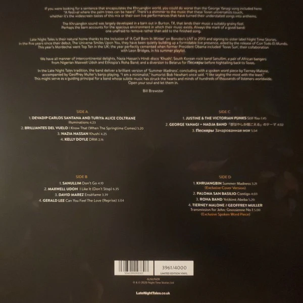 KHRUANGBIN, LateNightTales (LateNightTales; ALNLP60X, UK 2020, Gatefold, Insert, Limited To 4000 On Orange Vinyl) 2xLP VG+/VG+ - Image 2